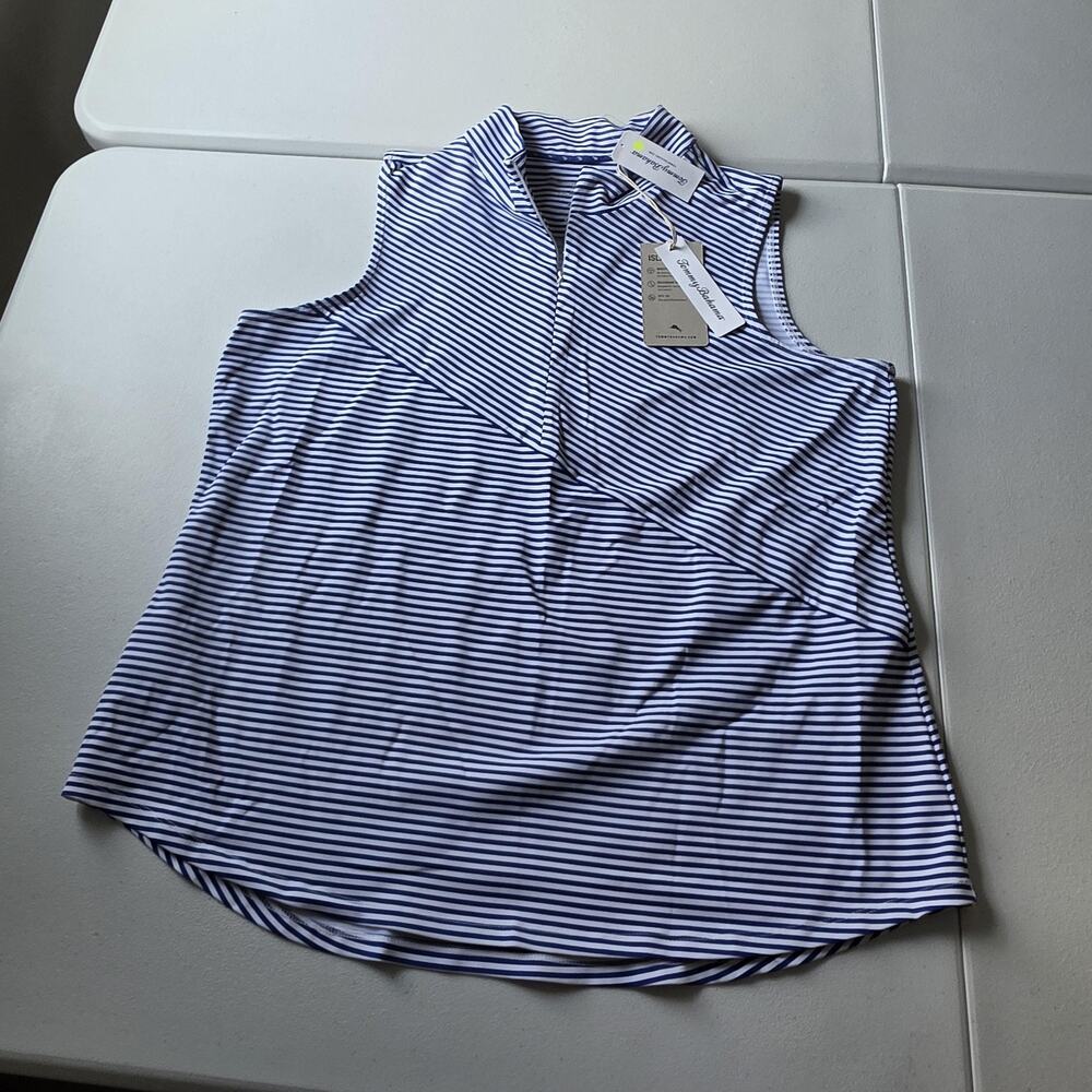 Tommy Bahama Polo Shirt Womens XL Blue White Stripe IslandZone Sleeveless Golf